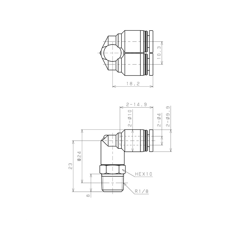 Bản vẽ kỹ thuật Đầu Nối Nhanh Khí Nén Hai Nhánh Cong 90° Ren Ngoài Pisco PAX4-01-C