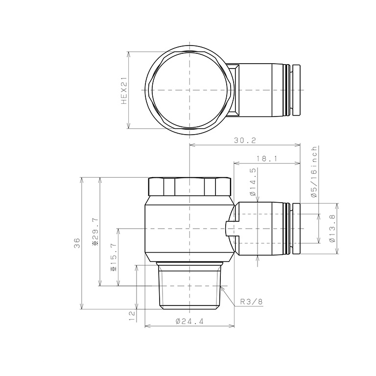 Bản vẽ kỹ thuật Đầu Nối Nhanh Khí Nén Cong 90° Đầu Lục Giác Trụ Ren Ngoài Pisco PH5/16-03