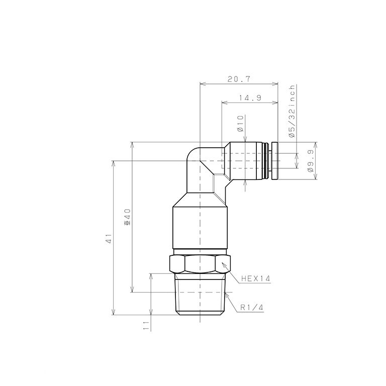Bản vẽ kỹ thuật Đầu Nối Nhanh Khí Nén Dạng Cong 90° Ren Ngoài (Dài) Pisco PLL5/32-02W