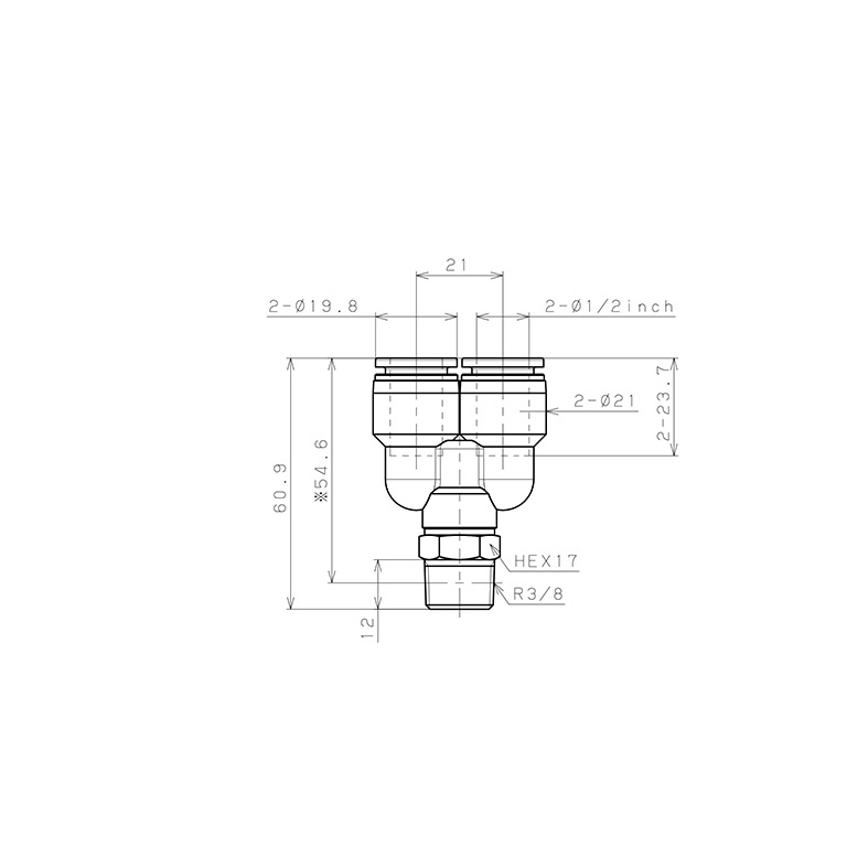 Bản vẽ kỹ thuật Đầu Nối Nhanh Khí Nén Dạng Chữ Y Ren Ngoài Pisco PX1/2-03W