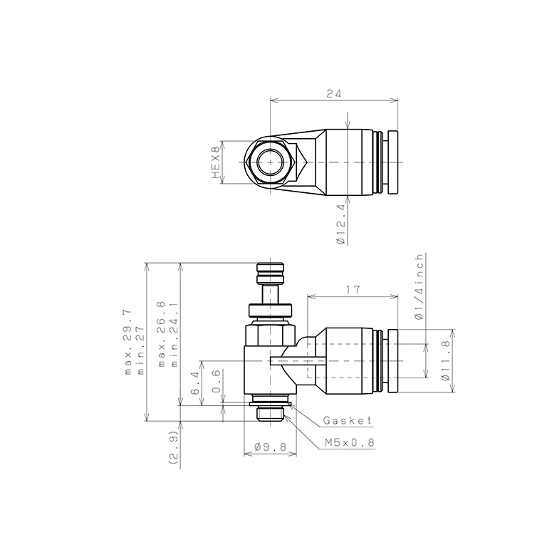 Bản vẽ kỹ thuật Van Tiết Lưu Khí Nén Chân Kim Pisco JNC1/4-M5