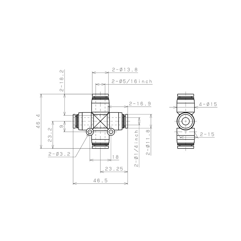 Bản vẽ kỹ thuật Đầu Nối Nhanh Khí Nén Ngã 4 Dạng Nối Giảm Pisco PZB5/16-1/4