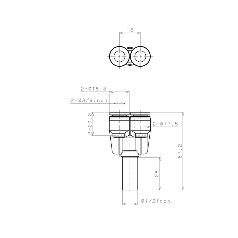 Bản vẽ kỹ thuật Đầu Nối Nhanh Khí Nén Giữa Ống Khí Và Fitting Dạng Nối Giảm Chữ Y Pisco PWJ1/2-3/8-C