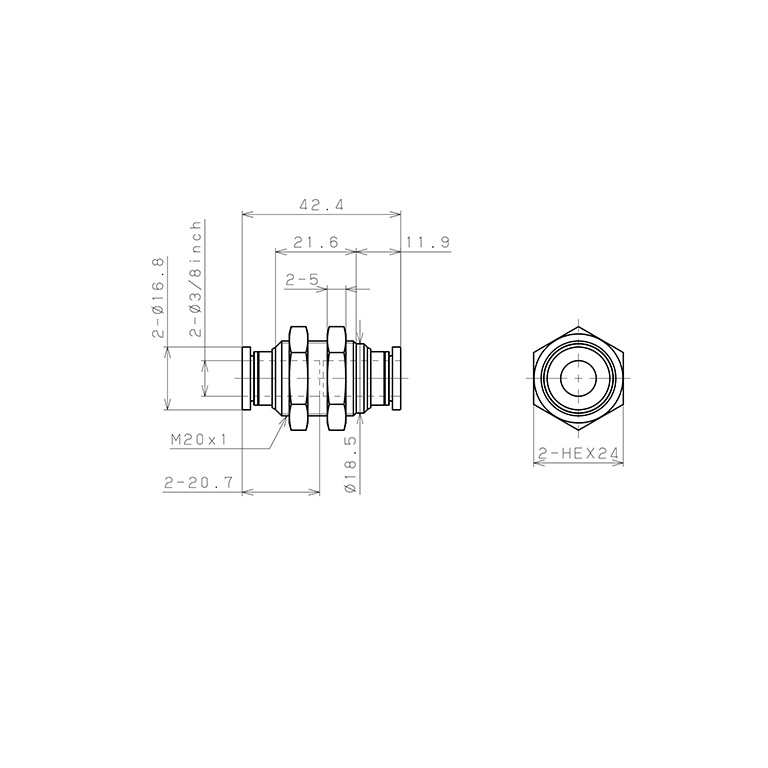 Bản vẽ kỹ thuật Đầu Nối Nhanh Khí Nén Dạng Thẳng Ren Ngoài Lắp Kẹp Vách Pisco PM3/8