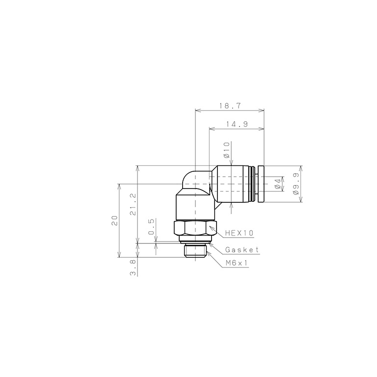 Bản vẽ kỹ thuật Đầu Nối Nhanh Khí Nén Dạng Cong 90° Ren Ngoài Pisco PL4-M6W-C