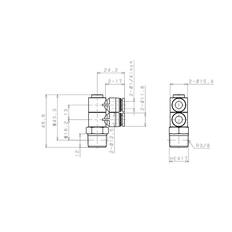 Bản vẽ kỹ thuật Đầu Nối Nhanh Khí Nén Hai Nhánh Cong 90° Thân Lục Giác Trụ Ren Ngoài Pisco PHW1/4-03-UC