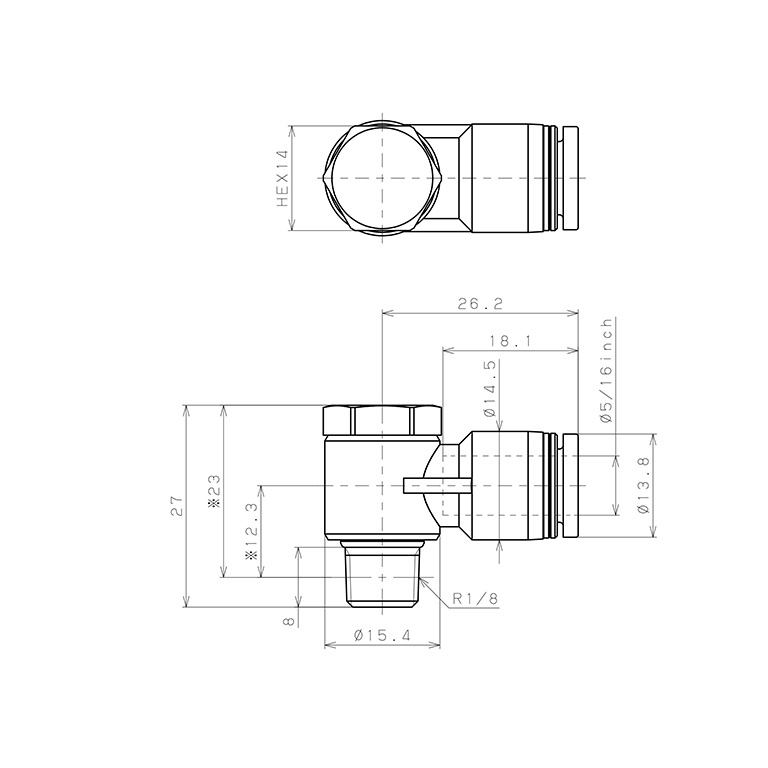 Bản vẽ kỹ thuật Đầu Nối Nhanh Khí Nén Cong 90° Đầu Lục Giác Trụ Ren Ngoài Pisco PH5/16-01