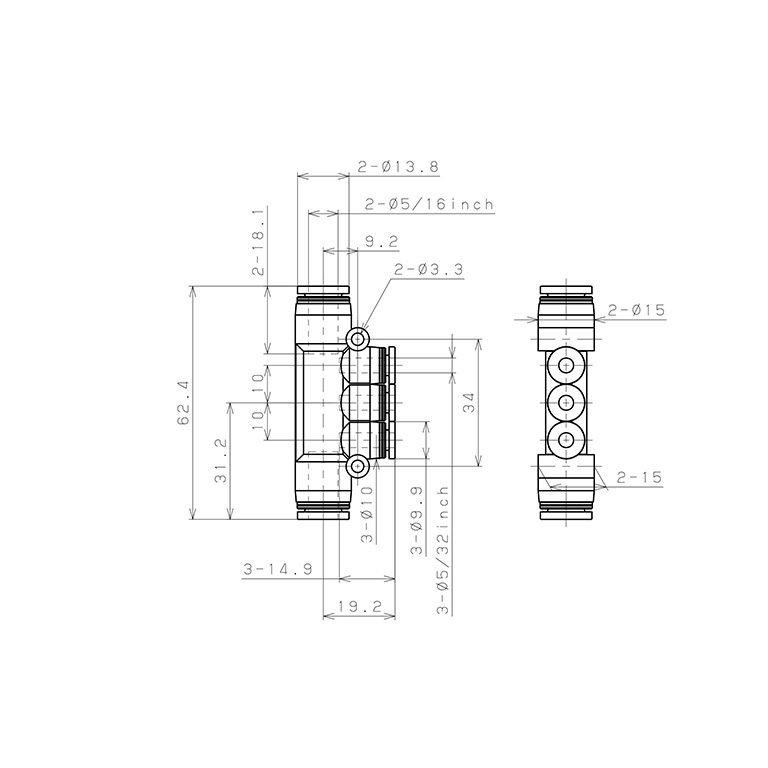 Bản vẽ kỹ thuật Đầu Nối Nhanh Khí Nén Chữ T 5 Ngã Dạng Nối Giảm Pisco PKG5/16-5/32-C
