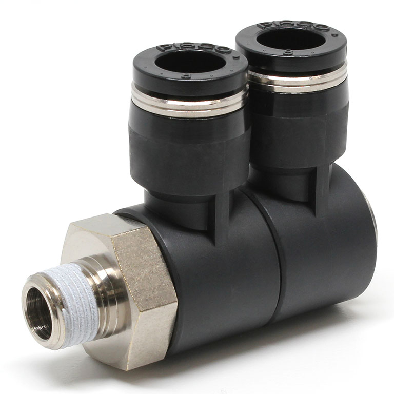 Đầu Nối Nhanh Khí Nén Hai Nhánh Cong 90° Thân Lục Giác Trụ Ren Ngoài Pisco PHW8-01W