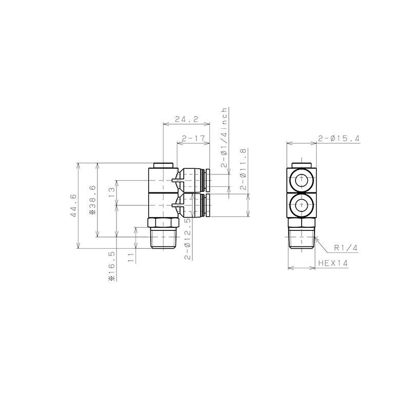 Bản vẽ kỹ thuật Đầu Nối Nhanh Khí Nén Hai Nhánh Cong 90° Thân Lục Giác Trụ Ren Ngoài Pisco PHW1/4-02