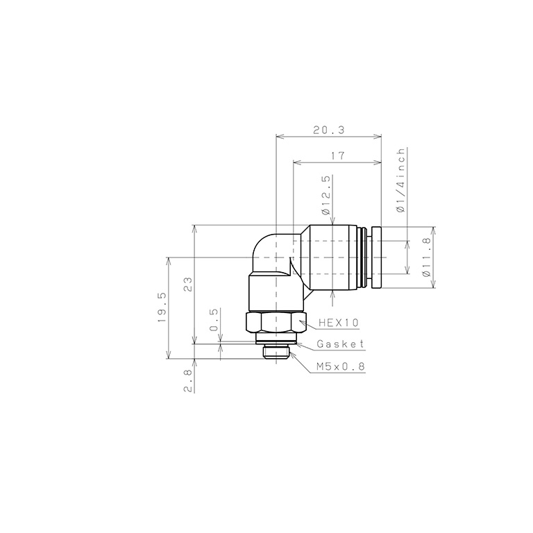 Bản vẽ kỹ thuật Đầu Nối Nhanh Khí Nén Dạng Cong 90° Ren Ngoài Pisco PL1/4-M5W