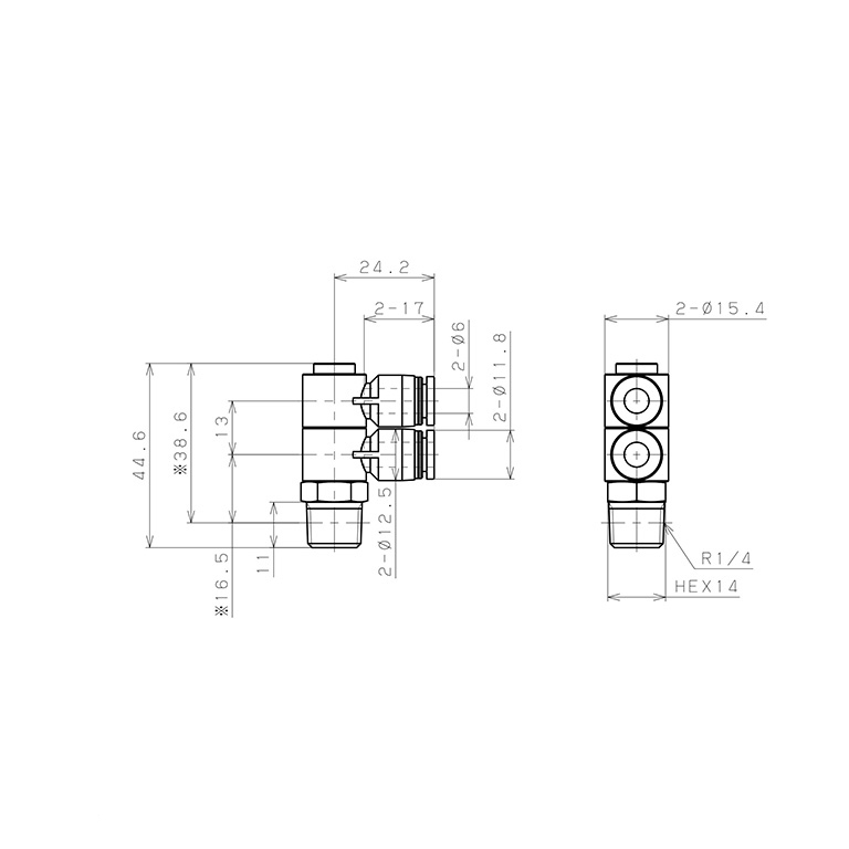 Bản vẽ kỹ thuật Đầu Nối Nhanh Khí Nén Hai Nhánh Cong 90° Thân Lục Giác Trụ Ren Ngoài Pisco PHW6-02-C