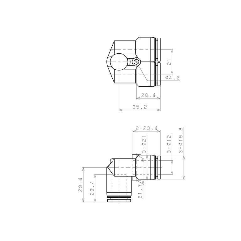 Bản vẽ kỹ thuật Đầu Nối Nhanh Khí Nén Ba Ngã Cong 90° Pisco PAU12W