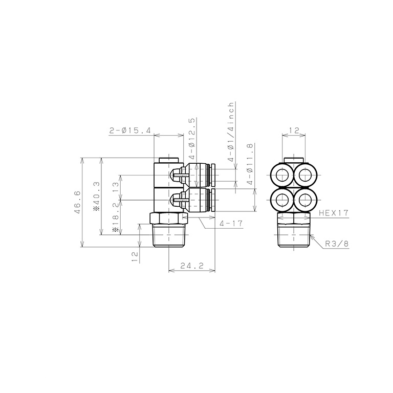 Bản vẽ kỹ thuật Đầu Nối Nhanh Khí Nén Bốn Nhánh Cong 90° Thân Lục Giác Trụ Ren Ngoài Pisco PAW1/4-03W