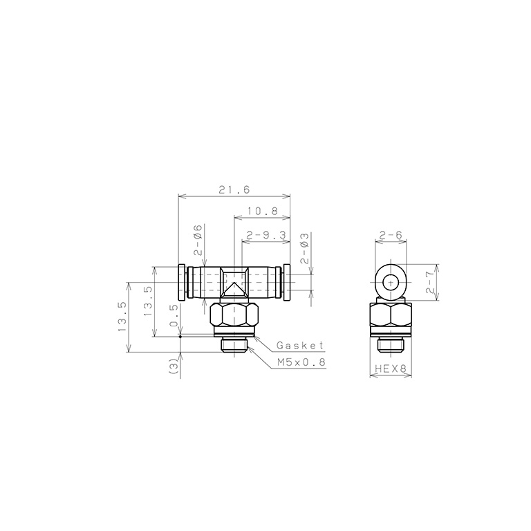 Bản vẽ kỹ thuật Đầu Nối Nhanh Khí Nén Dạng Chữ T Ren Ngoài Pisco PB3-M5MEG