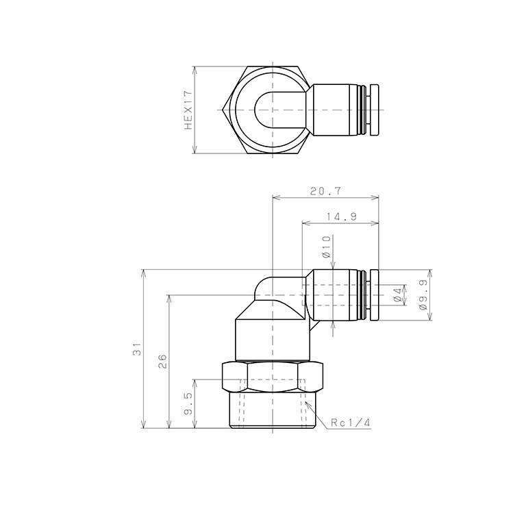 Bản vẽ kỹ thuật Đầu Nối Nhanh Khí Nén Dạng Cong 90° Ren Trong Pisco PLF4-02