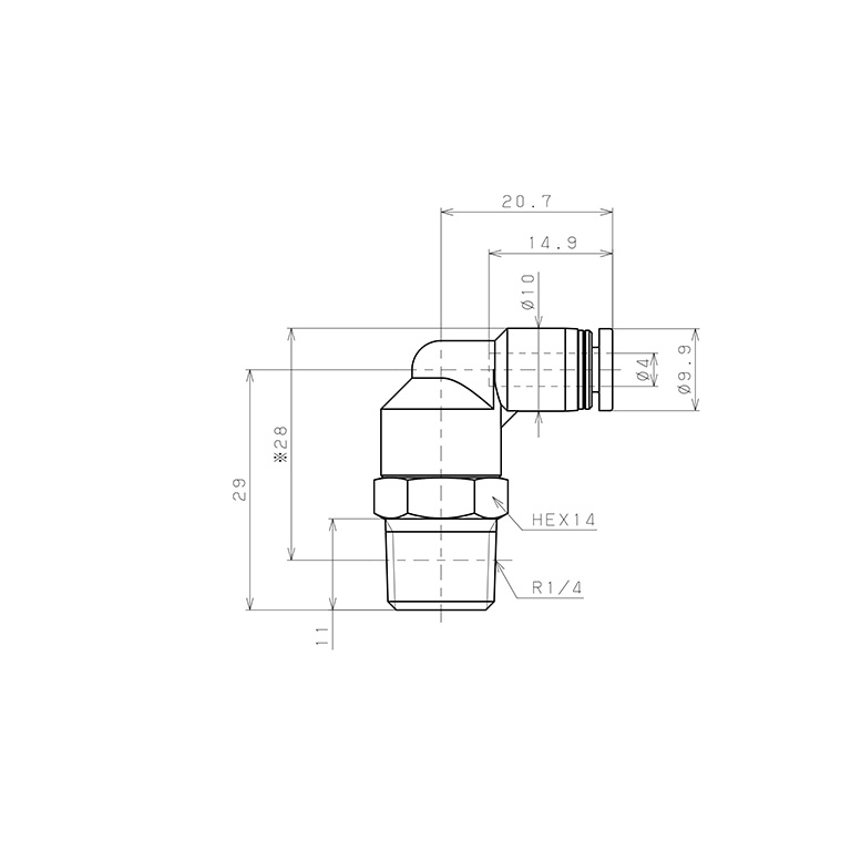 Bản vẽ kỹ thuật Đầu Nối Nhanh Khí Nén Dạng Cong 90° Ren Ngoài Pisco PL4-02EG