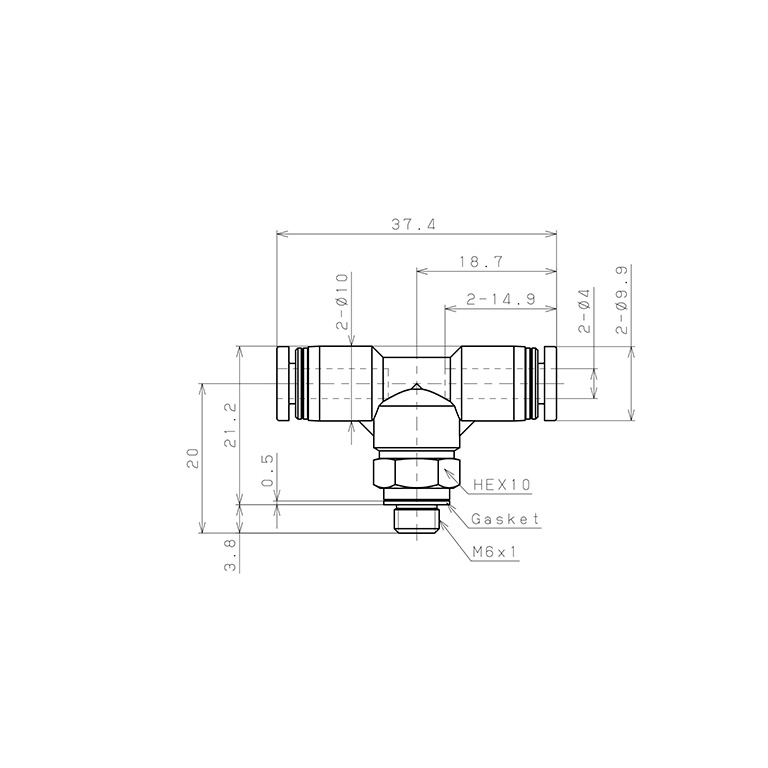 Bản vẽ kỹ thuật Đầu Nối Nhanh Khí Nén Dạng Chữ T Ren Ngoài Pisco PB4-M6EG