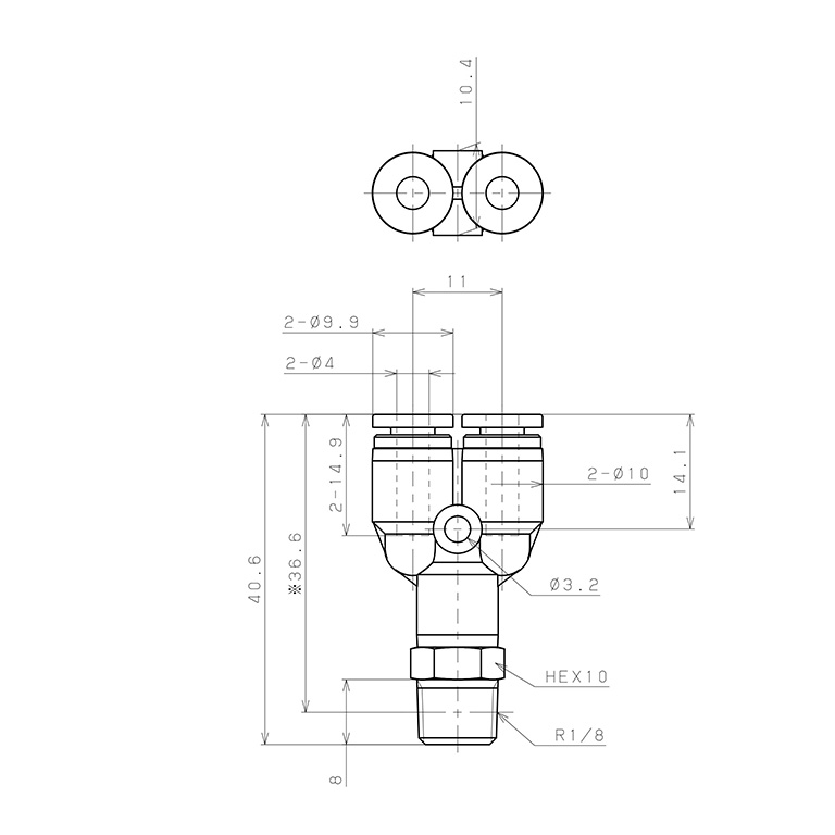 Bản vẽ kỹ thuật Đầu Nối Nhanh Khí Nén Dạng Chữ Y Ren Ngoài Pisco SPPX4-01SP