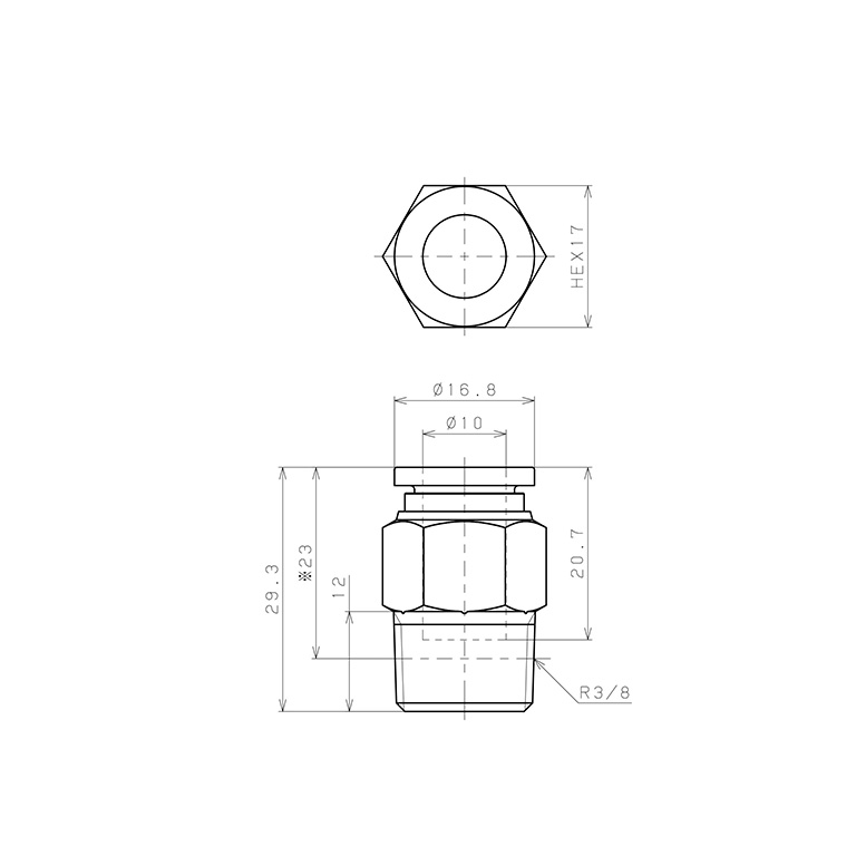 Bản vẽ kỹ thuật Đầu Nối Nhanh Khí Nén Dạng Thẳng Thân Lục Giác Ren Ngoài Pisco SPPC10-03SP