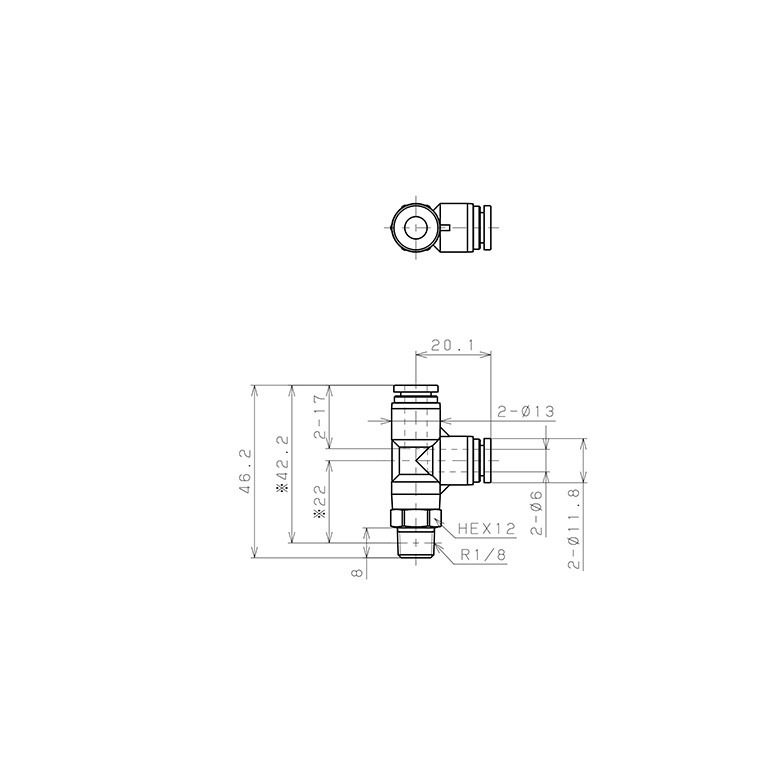 Bản vẽ kỹ thuật Đầu Nối Nhanh Khí Nén Dạng Chữ T Ren Ngoài Pisco SPPD6-01SP