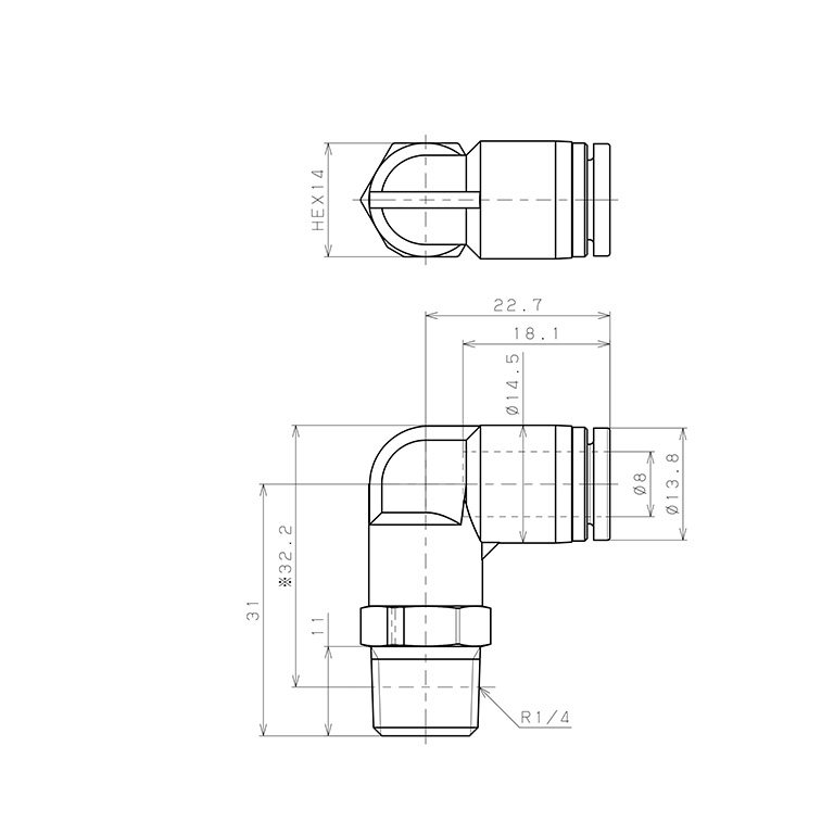 Bản vẽ kỹ thuật Đầu Nối Nhanh Khí Nén Dạng Cong 90° Ren Ngoài Pisco SPPL8-02