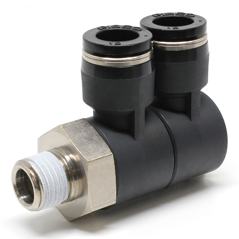 Đầu Nối Nhanh Khí Nén Hai Nhánh Cong 90° Thân Lục Giác Trụ Ren Ngoài Pisco PHW10-02-C