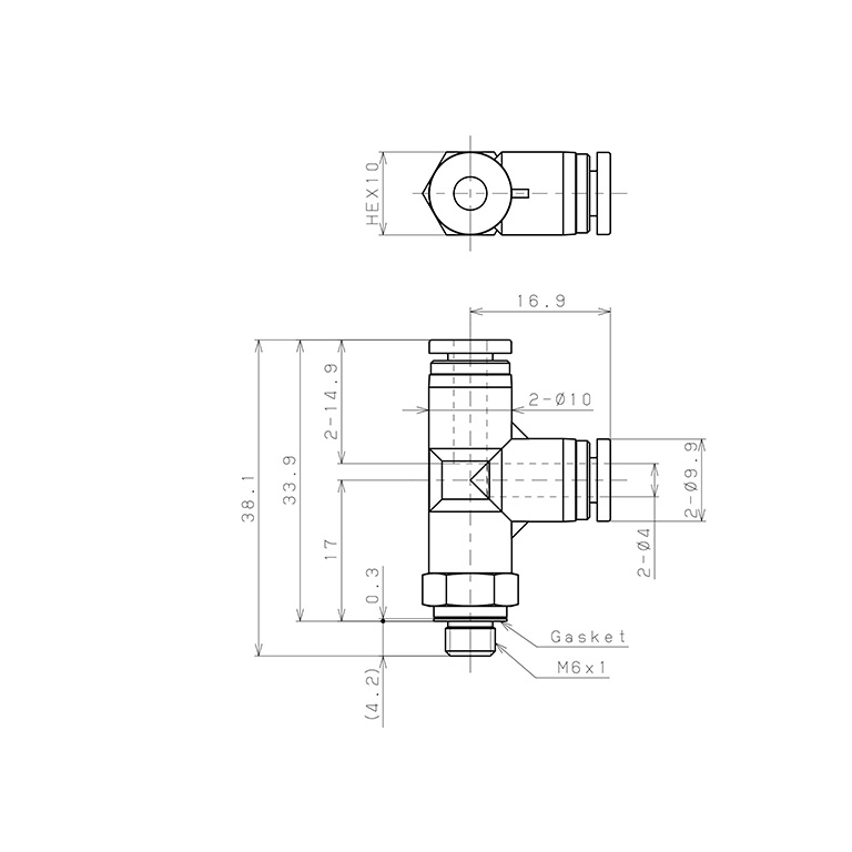 Bản vẽ kỹ thuật Đầu Nối Nhanh Khí Nén Dạng Chữ T Ren Ngoài Pisco SPD4-M6