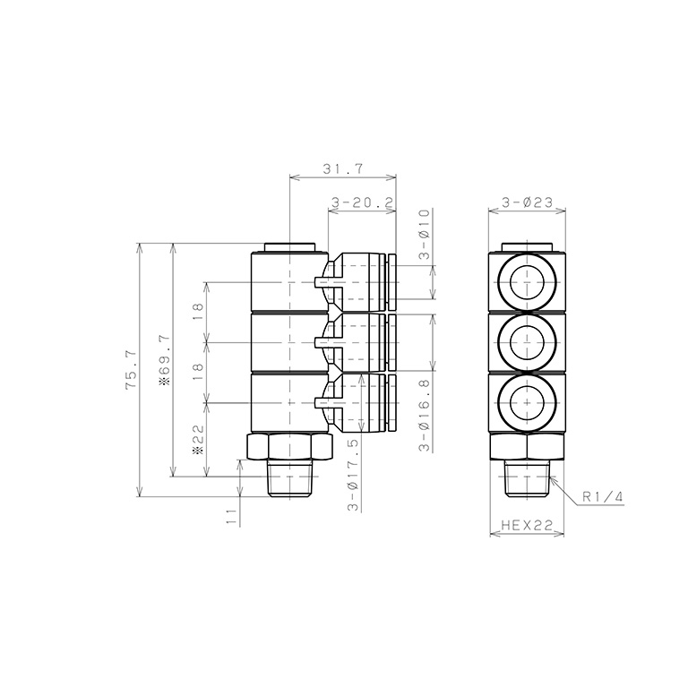 Bản vẽ kỹ thuật Đầu Nối Nhanh Khí Nén Ba Nhánh Cong 90° Thân Lục Giác Trụ Ren Ngoài Pisco SPHT10-02