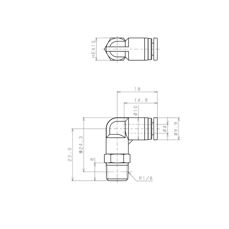 Bản vẽ kỹ thuật Đầu Nối Nhanh Khí Nén Dạng Cong 90° Ren Ngoài Pisco SPL4-01-UC