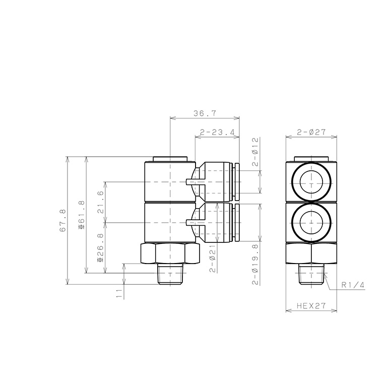 Bản vẽ kỹ thuật Đầu Nối Nhanh Khí Nén Hai Nhánh Cong 90° Thân Lục Giác Trụ Ren Ngoài Pisco SPHW12-02