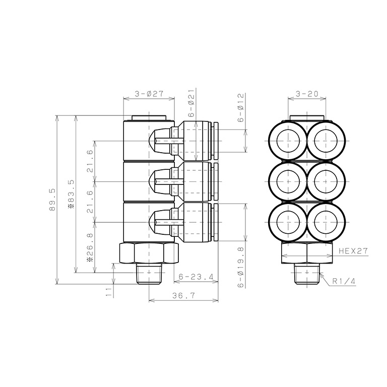 Bản vẽ kỹ thuật Đầu Nối Nhanh Khí Nén Sáu Nhánh Cong 90° Thân Lục Giác Trụ Ren Ngoài Pisco SPAT12-02