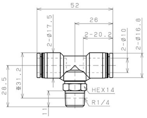 Bản vẽ kỹ thuật Đầu Nối Nhanh Khí Nén Chữ T Phi 10mm Ren Ngoài R1/4 Pisco PB10-02