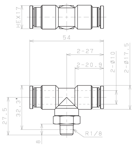 Bản vẽ kỹ thuật Đầu Nối Nhanh Khí Nén Dạng Chữ T Ren Ngoài Pisco KB10-01-1