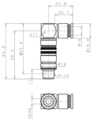 Bản vẽ kỹ thuật Bộ Đầu Ngạnh Nối Ống Dẫn Điều Khiển Nhiệt Độ Khuôn Đúc Dạng Cong 90°, Có Van Tự Ngắt Pisco ASL10-1002