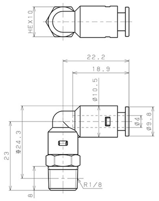 Bản vẽ kỹ thuật Đầu Nối Nhanh Khí Nén Dạng Cong 90° Ren Ngoài Pisco APL4-01-N-TP-C