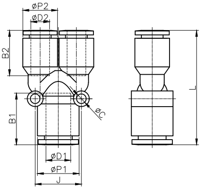 Bản vẽ kỹ thuật Đầu Nối Nhanh Khí Nén Chữ Y Ø10x8mm CDC MPW 1008 (Màu Đen)