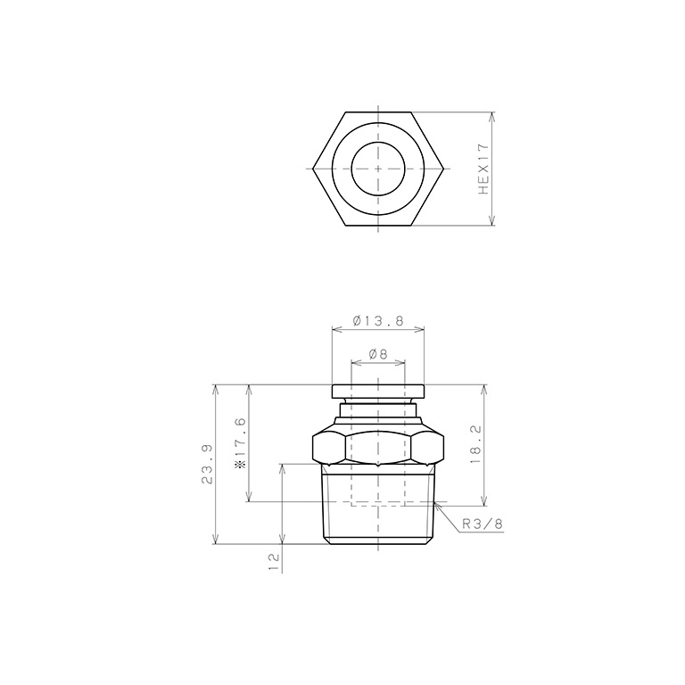 Bản vẽ kỹ thuật Đầu Nối Nhanh Khí Nén Dạng Thẳng Thân Lục Giác Ren Ngoài Pisco SPC8-03-UC