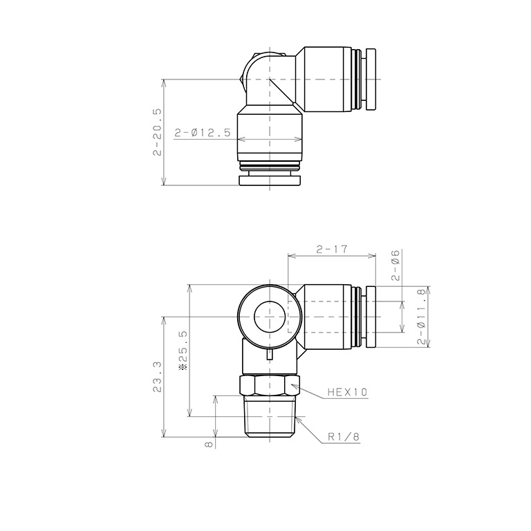 Bản vẽ kỹ thuật Đầu Nối Nhanh Khí Nén Hai Nhánh Chạc Ba Cong 90° Ren Ngoài Pisco PVX6-01W