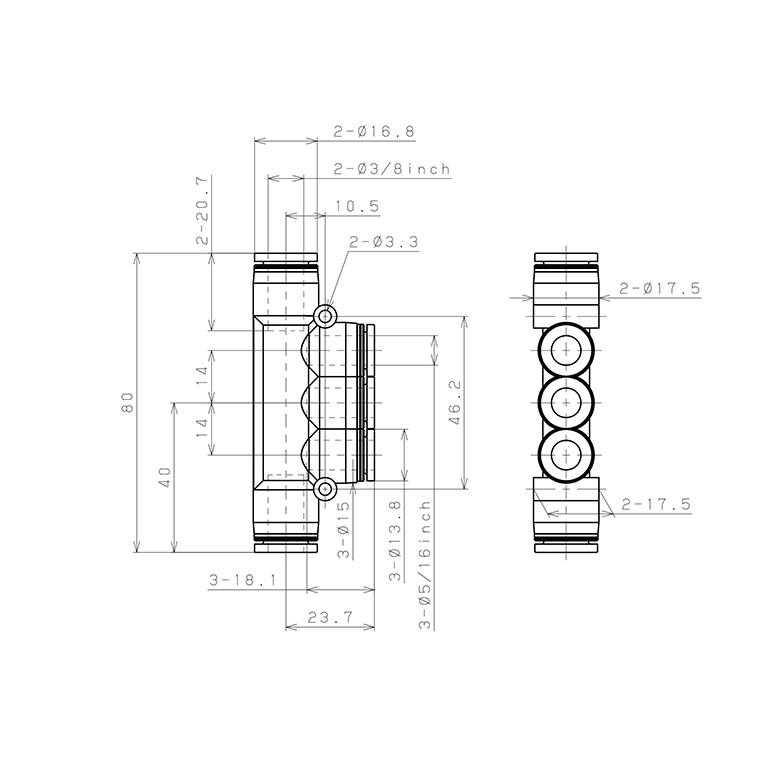 Bản vẽ kỹ thuật Đầu Nối Nhanh Khí Nén Chữ T 5 Ngã Dạng Nối Giảm Pisco PKG3/8-5/16-C