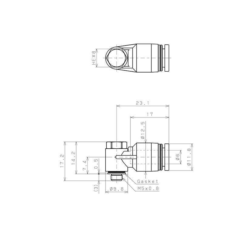 Bản vẽ kỹ thuật Đầu Nối Nhanh Khí Nén Cong 90° Đầu Lục Giác Trụ Ren Ngoài Pisco PH6-M5