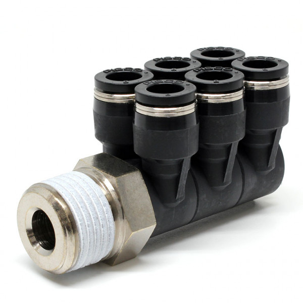 Đầu Nối Nhanh Khí Nén Sáu Nhánh Cong 90° Thân Lục Giác Trụ Ren Ngoài Pisco PAT8-04