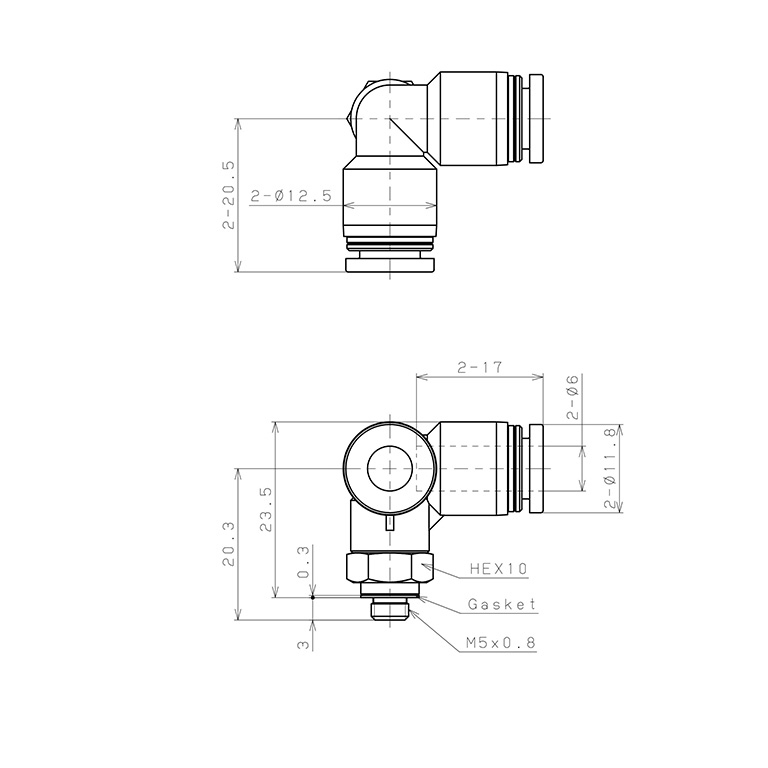 Bản vẽ kỹ thuật Đầu Nối Nhanh Khí Nén Hai Nhánh Chạc Ba Cong 90° Ren Ngoài Pisco PVX6-M5-C