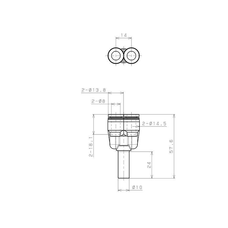 Bản vẽ kỹ thuật Đầu Nối Nhanh Khí Nén Giữa Ống Khí Và Fitting Dạng Nối Giảm Chữ Y Pisco PWJ10-8