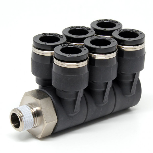 Đầu Nối Nhanh Khí Nén Sáu Nhánh Cong 90° Thân Lục Giác Trụ Ren Ngoài Pisco PAT8-01