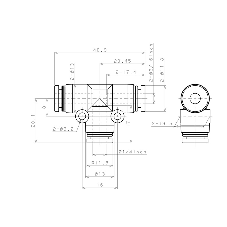 Bản vẽ kỹ thuật Đầu Nối Nhanh Khí Nén Chữ T Dạng Nối Giảm Pisco PEG3/16-1/4