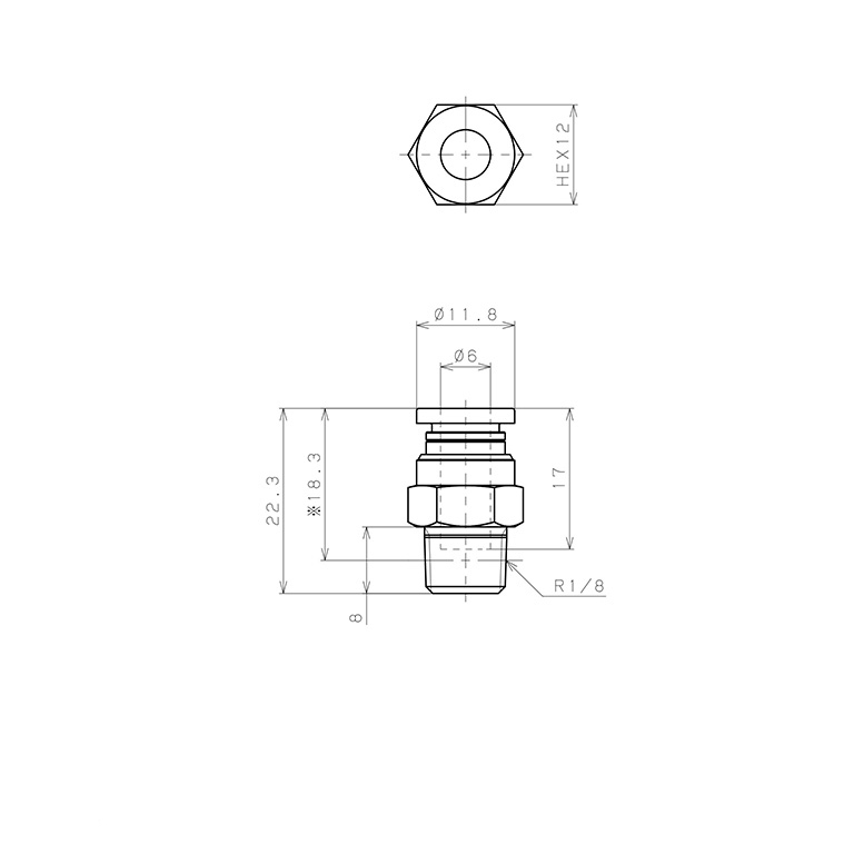 Bản vẽ kỹ thuật Đầu Nối Nhanh Khí Nén Dạng Thẳng Thân Lục Giác Ren Ngoài Pisco PC6-01W-C
