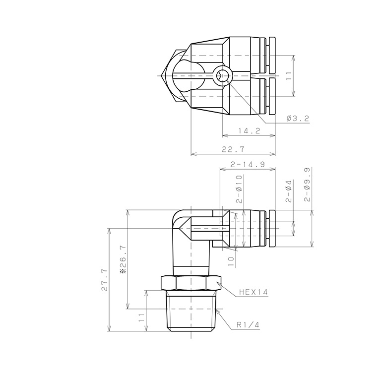 Bản vẽ kỹ thuật Đầu Nối Nhanh Khí Nén Hai Nhánh Cong 90° Ren Ngoài Pisco SPAX4-02
