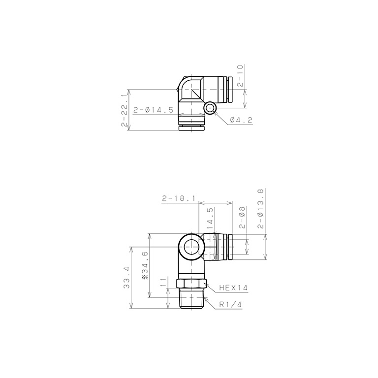 Bản vẽ kỹ thuật Đầu Nối Nhanh Khí Nén Hai Nhánh Chạc Ba Cong 90° Ren Ngoài Pisco SPVX8-02-UC