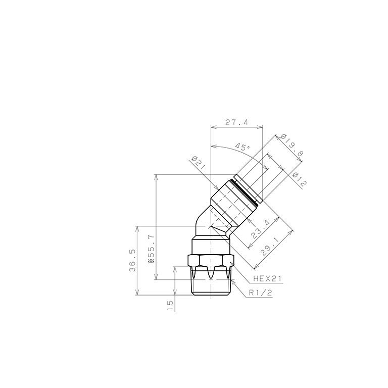 Bản vẽ kỹ thuật Đầu Nối Nhanh Khí Nén Dạng Cong 45° Ren Ngoài Pisco PLH12-04